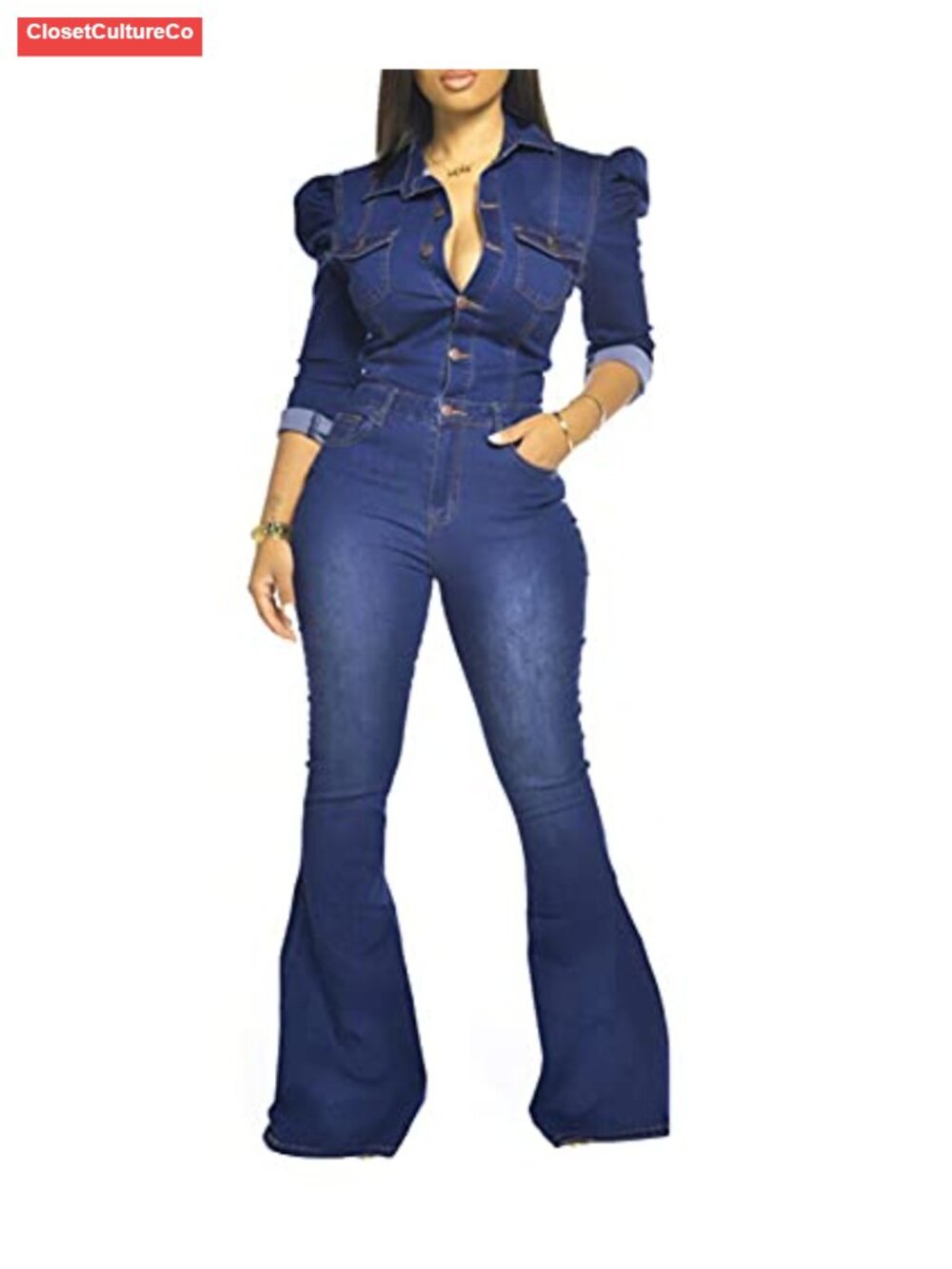 Sexy Button Down Slim Fit Denim Long Sleeve Jumpsuit Puff Shoulder Wide Leg